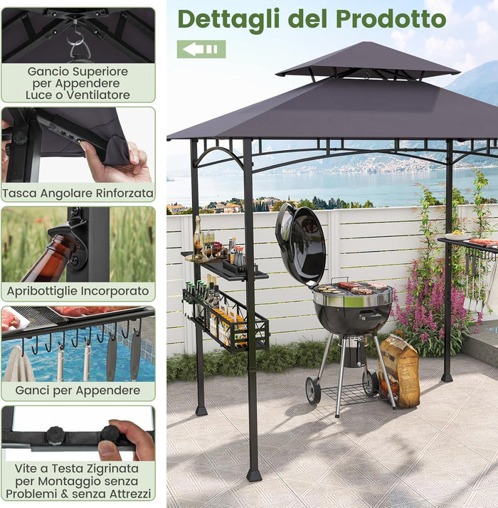 Gazebo per Barbecue, Pergola per BBQ con 2 Ripiani Laterali, Cestino, Ganci Appendiutensili, Apribottiglie, Copertura a 2 Livelli, per Giardino e Cortile, 242 x 153 x 250 cm (Grigio Scuro)