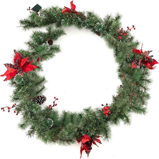 Ghirlanda di Natale Artificiale Pre-Illuminata 270CM con Luci LED, Pigne, Bacche e Fiori, Ghirlanda Natalizia a Batteria per Porta, Scale e Mensola, Decorazione Natalizia Interna ed Esterna