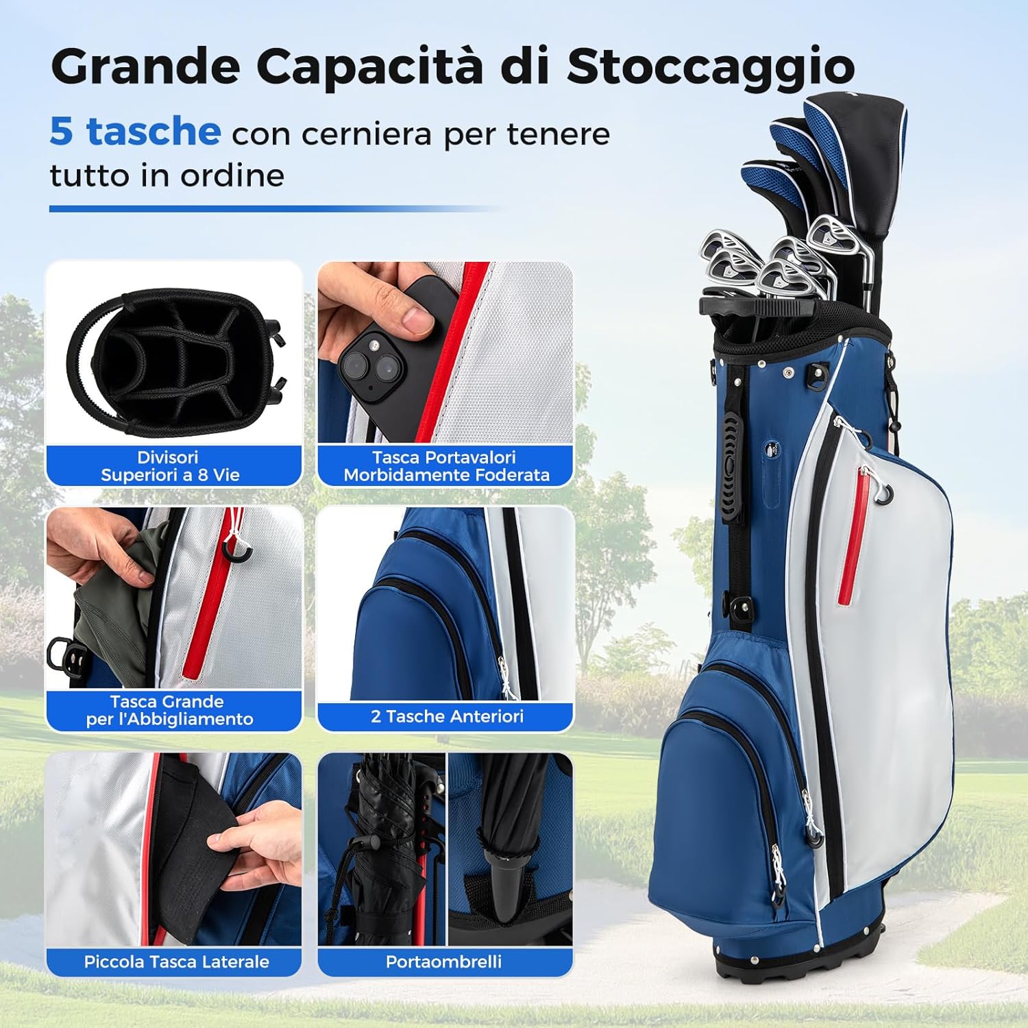 Set da Golf Completo con 9 Mazze e Sacca da Golf, Driver 460cc, da Uomo, Blu