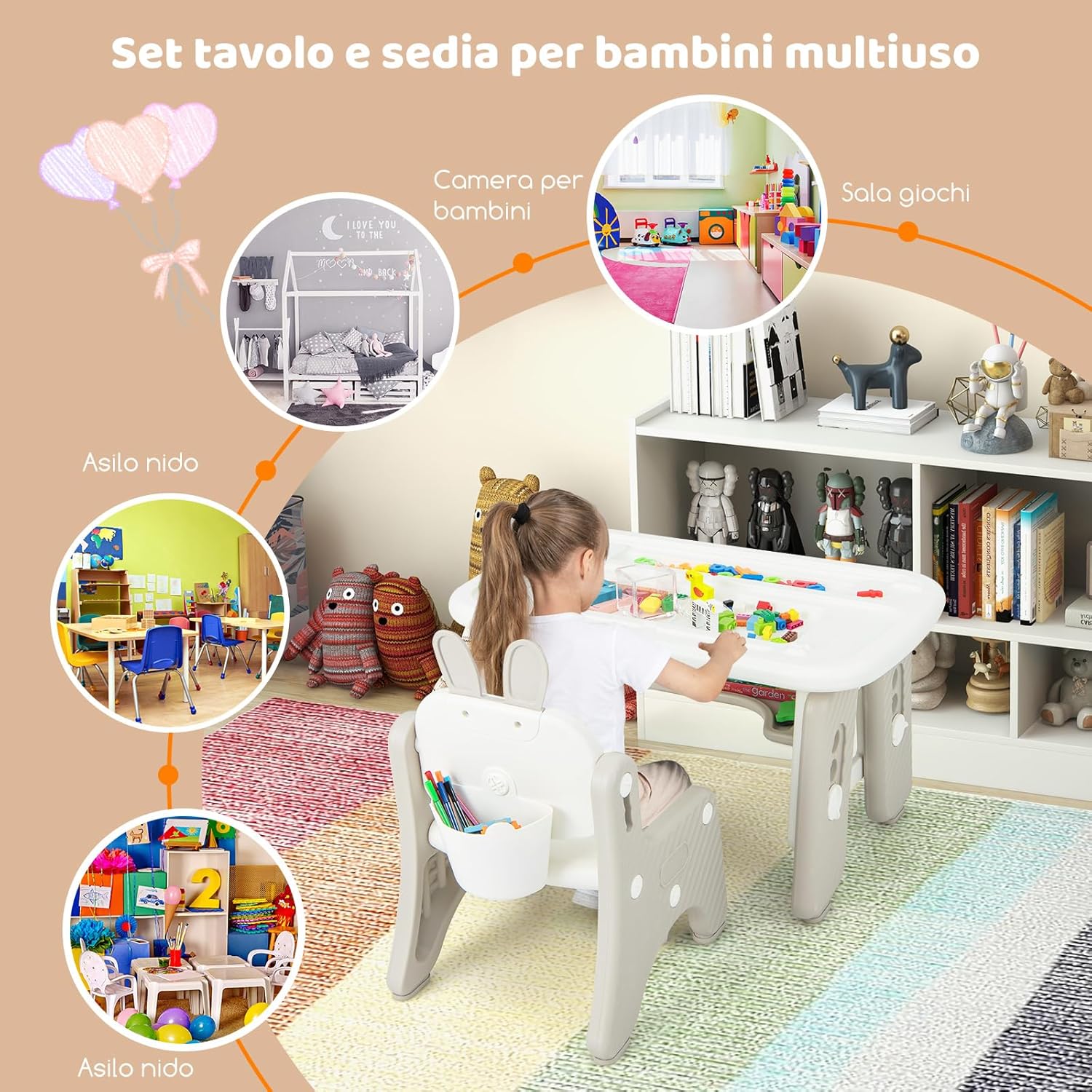 Set Tavolo e Sedia per Bambini, Tavolo e Sedia per Bambini con Mensola Ribaltabile, Lavagna Magnetica Cancellabile, Altezza Regolabile, per Camera da Letto, Sala, Giochi per Bambini