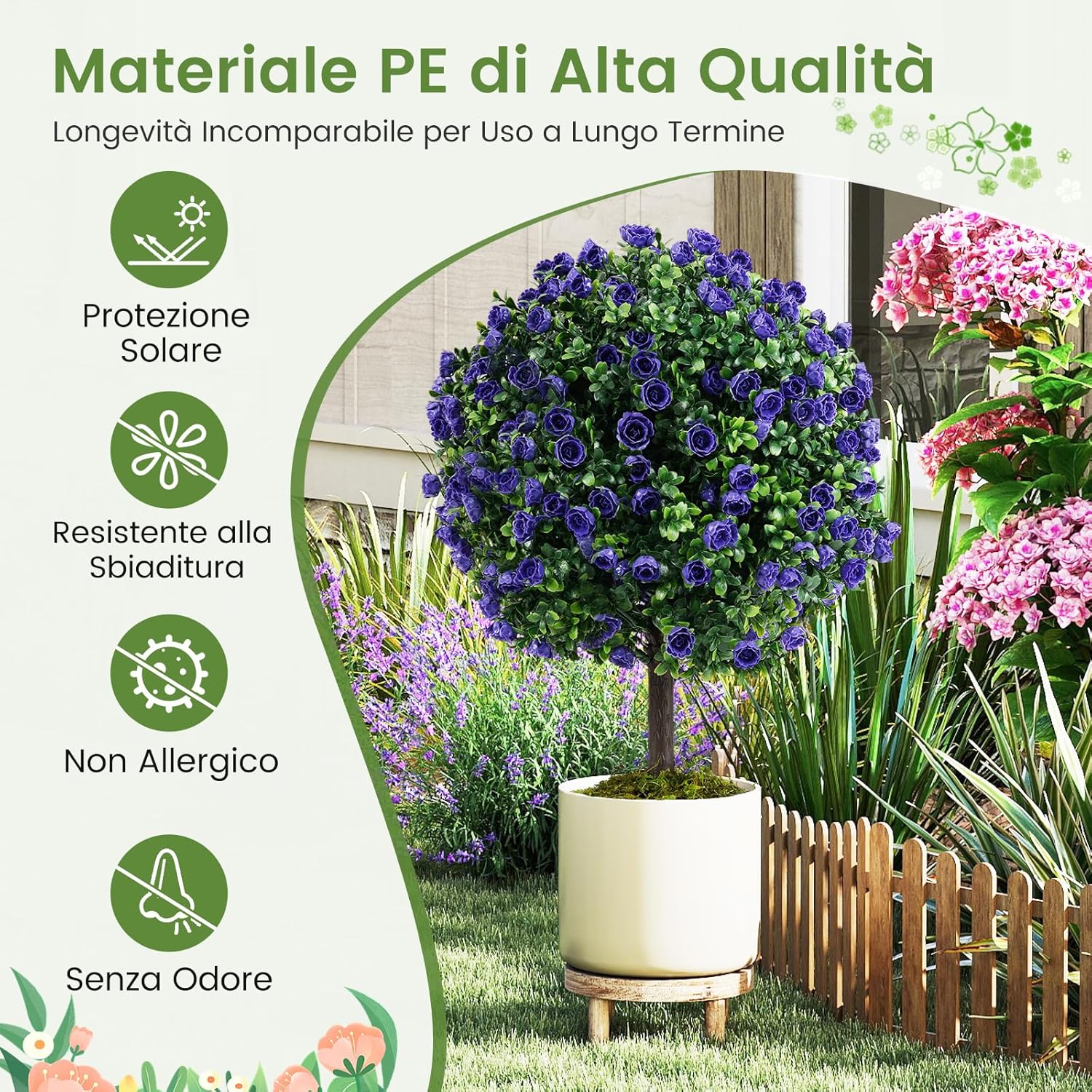 Set di 2 Alberi di Topiario Artificiale con Rose Viola, Albero di Bosso Finto da 55 cm con Vaso Riempito di Cemento, Pianta Finta Resistente al Sole per Interni ed Esterni