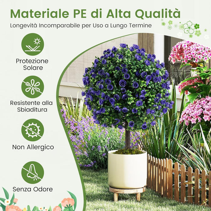 Set di 2 Alberi di Topiario Artificiale con Rose Viola, Albero di Bosso Finto da 55 cm con Vaso Riempito di Cemento, Pianta Finta Resistente al Sole per Interni ed Esterni
