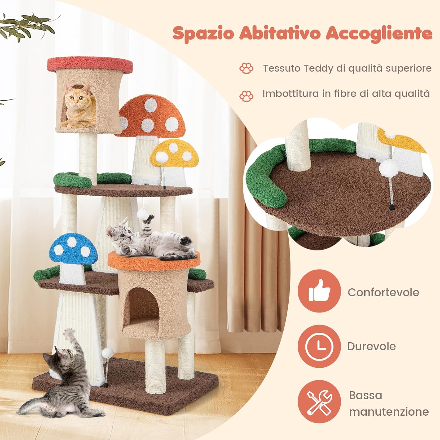 Albero per Gatti 4 in 1, Torre Multilivello per Gatti con 2 Condo e Piattaforme, Centro di Attività per Gatti con Pali e Tiragraffi in Sisal, Palline Interattive