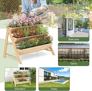 Letto Rialzato da Giardino a 3 Livelli, Fioriera Verticale in Legno con Ripiano, 2 Ganci e 3 Fodere per Letti, Aiuola Rialzata per Patio, Balcone, Naturale