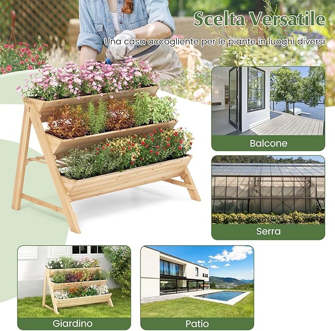 Letto Rialzato da Giardino a 3 Livelli, Fioriera Verticale in Legno con Ripiano, 2 Ganci e 3 Fodere per Letti, Aiuola Rialzata per Patio, Balcone, Naturale
