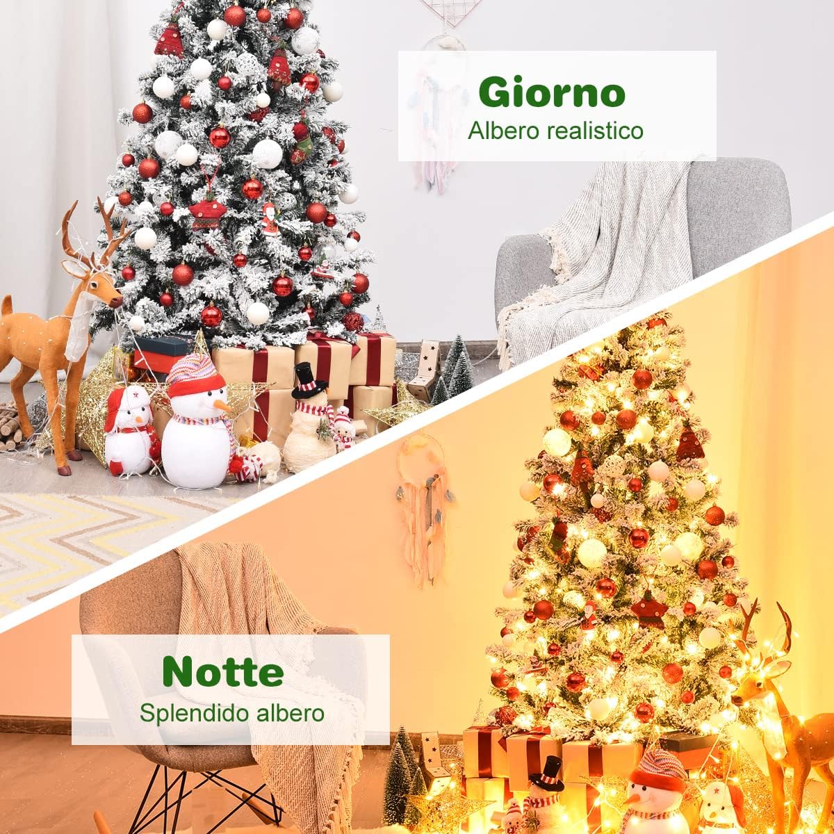 Albero di Natale Innevato 180/225 cm, Albero di Natale con 250/450 Luci a LED Bianco Caldo, 600/1010 Rami Folti e Base Metallica, Ideale per Casa, Ufficio e Negozio (180 CM)