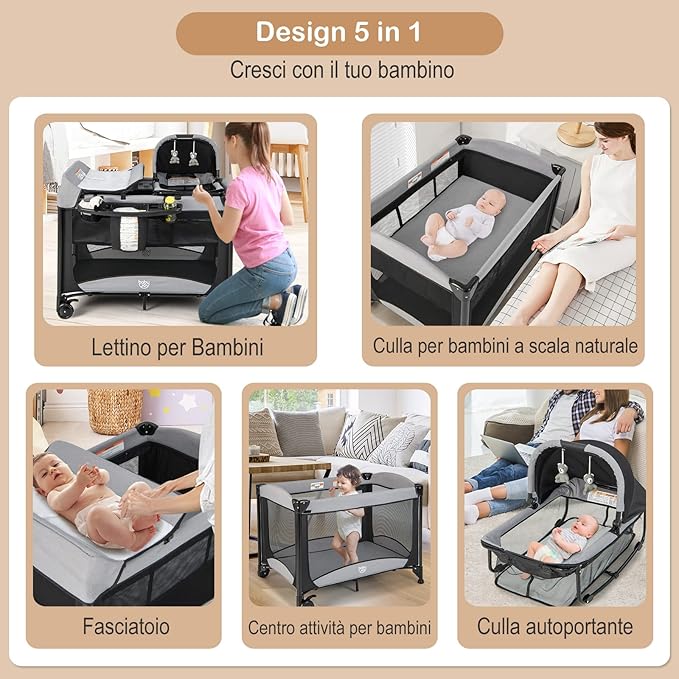 Lettino da Campeggio con Materasso, Lettino Pieghevole per Bambini con Fasciatoio, Culla da Viaggio con Ruote, Giocattolo, Lettino Bambini Staccabile, per Bambini 0-36 Mesi (Nero)