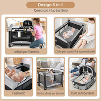 Lettino da Campeggio con Materasso, Lettino Pieghevole per Bambini con Fasciatoio, Culla da Viaggio con Ruote, Giocattolo, Lettino Bambini Staccabile, per Bambini 0-36 Mesi (Nero)