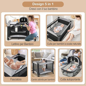 Lettino da Campeggio con Materasso, Lettino Pieghevole per Bambini con Fasciatoio, Culla da Viaggio con Ruote, Giocattolo, Lettino Bambini Staccabile, per Bambini 0-36 Mesi (Nero)