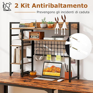 Mensola da Scrivania, Scaffale Espositivo a 4 Ripiani con Pannello a Griglia Metallica e 6 Ganci, Organizzatore da Scrivania per Computer, per Ufficio Casa Dormitorio, 94x25x73,5 cm (Marrone)