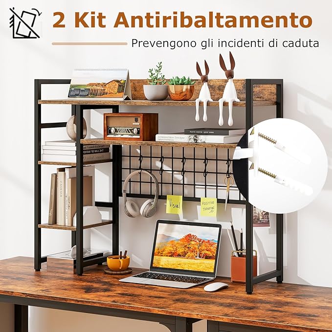 Mensola da Scrivania, Scaffale Espositivo a 4 Ripiani con Pannello a Griglia Metallica e 6 Ganci, Organizzatore da Scrivania per Computer, per Ufficio Casa Dormitorio, 94x25x73,5 cm (Marrone)