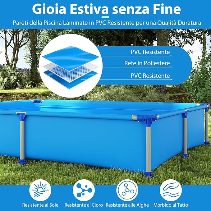 Piscina Fuori Terra, Piscina Pieghevole e Rettangolare da Esterno per Bambini 3+ Anni con Struttura Metallica, Pareti in PVC Robusto, per Cortile, 228 x 159 x 42 cm