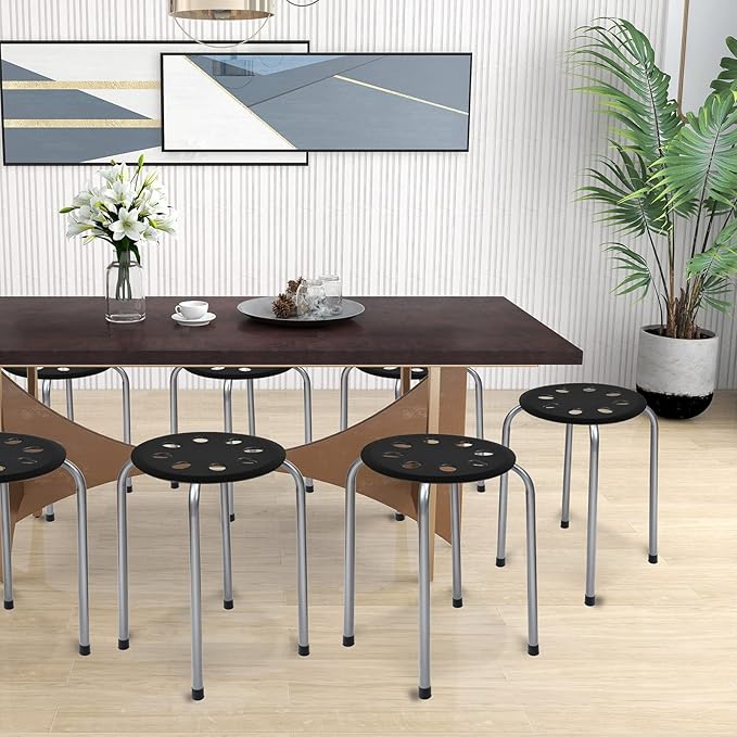 Set di 6 Sgabello Tondo Impilabile in Metallo, Sgabello Cucina Basso per Bambini Adulti, Sgabelli da Bar Casa Ufficio Aule, 30 x 30 x 44,5 cm (Nero + Grigio)