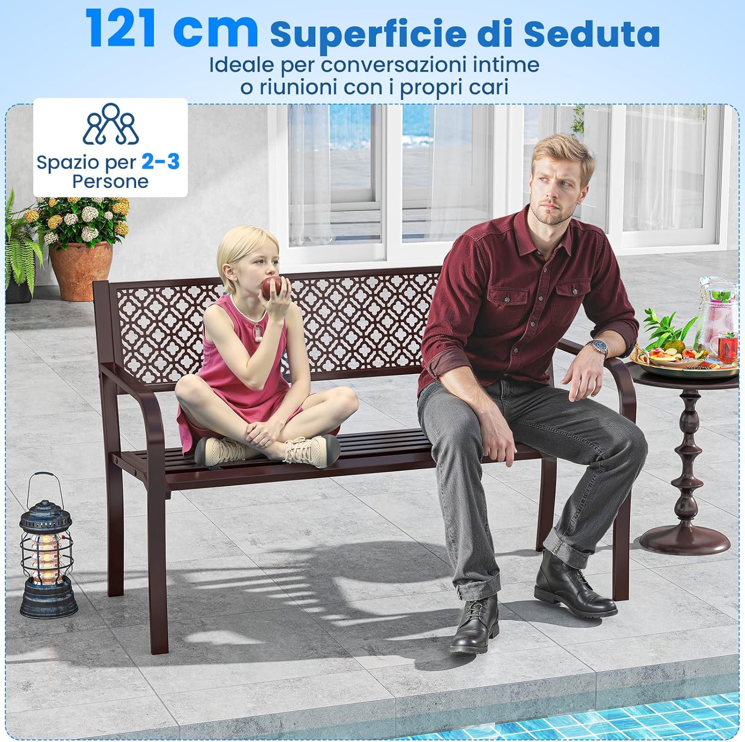 Panchina da Esterno 2-3 Posti, Panca in Metallo con Schienale Motivo Geometrico, Braccioli e Seduta a Doghe, Sedia Moderna per Parco, Cortile e Giardino (Bronzo, 127 x 59 x 82 cm)