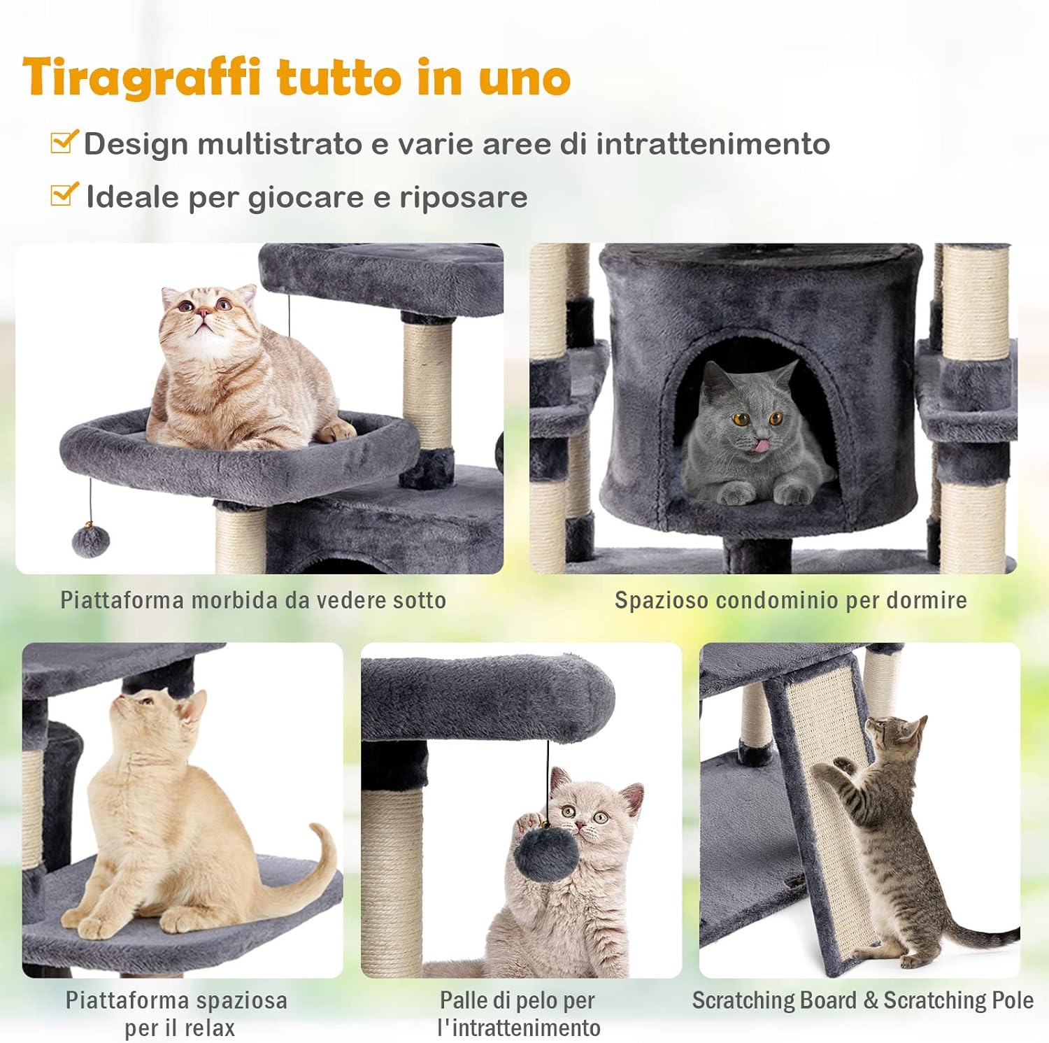 Tiragraffi per Gatti Adulti, Tiragraffi per Gatti con Cuccia, Piattaforma, Cuscini e Tiragraffi, Albero Tiragraffi per Gatti Grandi Alto in Legno, 60 x 50 x 170 cm
