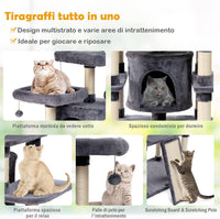 Tiragraffi per Gatti Adulti, Tiragraffi per Gatti con Cuccia, Piattaforma, Cuscini e Tiragraffi, Albero Tiragraffi per Gatti Grandi Alto in Legno, 60 x 50 x 170 cm