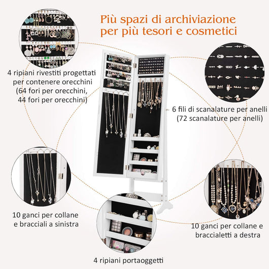 Specchio Portagioie da Terra, Armadietto Portagioie con Specchio a 3 Angoli, Organizer per Gioie Camera da Letto, 35 x 30 x 144 cm (Bianco)
