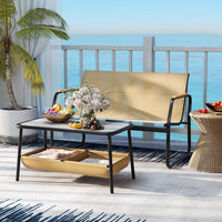 Set Tavolo e Panca da Giardino, Tavolino da Caffè con 2 Scomparti di Stoccaggio, Set Bistro da Esterno in Metallo, per Balcone Veranda, Pancha Portata 300 kg, Tavolo Portata 80 kg