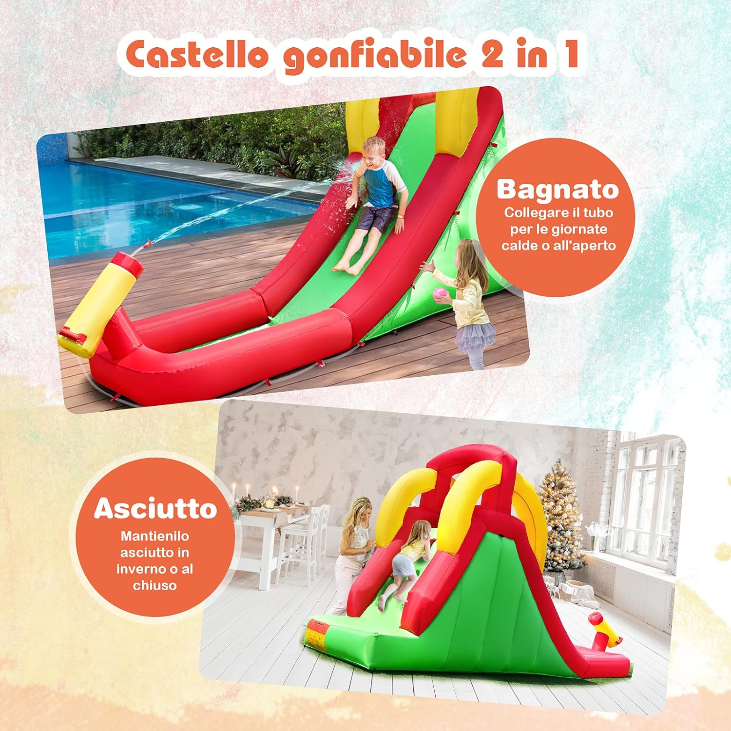 Parco Acquatico Gonfiabile con Scivolo, con Parete per Arrampicarsi e Piscina, Castello Gonfiabile per Bambini 3-10 anni, Ideale per Cortile e Giardino