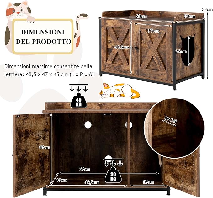 Lettiera per Gatti con Porta Apribile, Ingresso Laterale e Divisorio Rimovibile, Casetta per Gatti Multiuso, Adatto a Soggiorno, Ingresso e Camera da Letto, Portata 45 kg, 80 x 50 x 58 cm