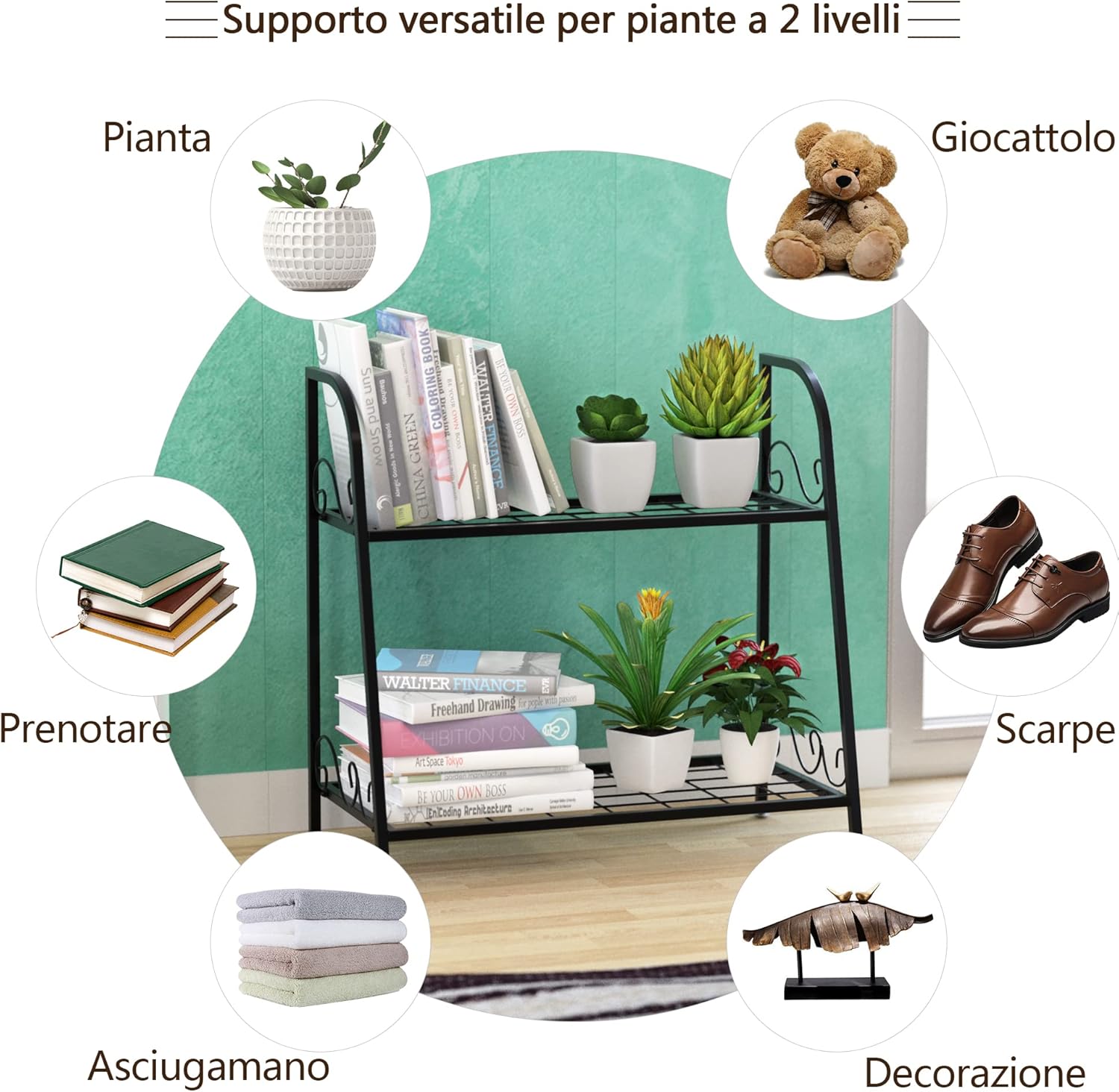Scaffale Portafiori a 2 Ripiani, Porta Piante da Esterno e Interno a Scala, Scaffale Porta Vasi di Metallo per Balcone, Soggiorno e Giardino, Nero