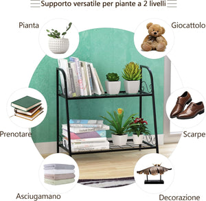Scaffale Portafiori a 2 Ripiani, Porta Piante da Esterno e Interno a Scala, Scaffale Porta Vasi di Metallo per Balcone, Soggiorno e Giardino, Nero