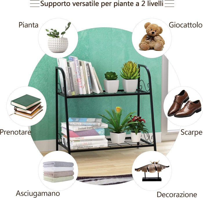 Scaffale Portafiori a 2 Ripiani, Porta Piante da Esterno e Interno a Scala, Scaffale Porta Vasi di Metallo per Balcone, Soggiorno e Giardino, Nero