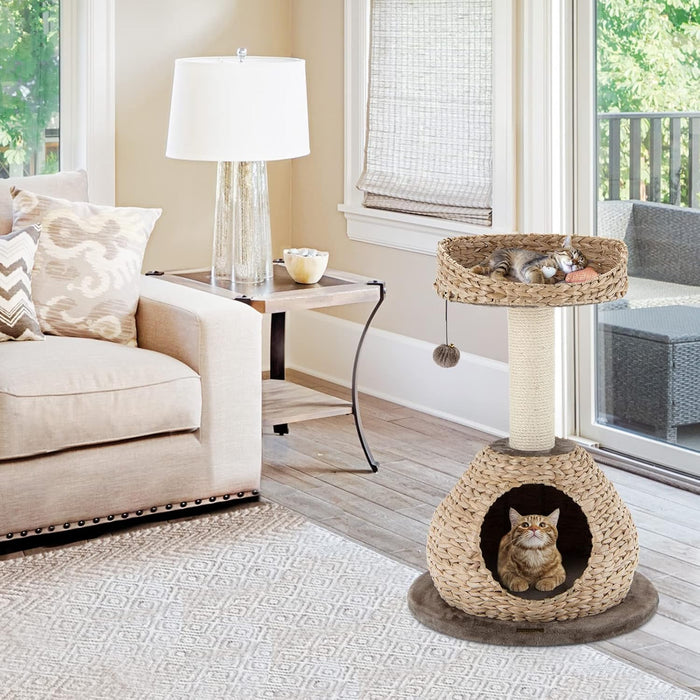 Tiragraffi per Gatti Piccoli, Tiragraffi Gatto con Cuccia, Piattaforma, Pallina e Palo Tiragraffi in Sisal Naturale, Albero Tiragraffi da Divano, Salotto e Camera da Letto, 48 x 48 x 70,5 cm