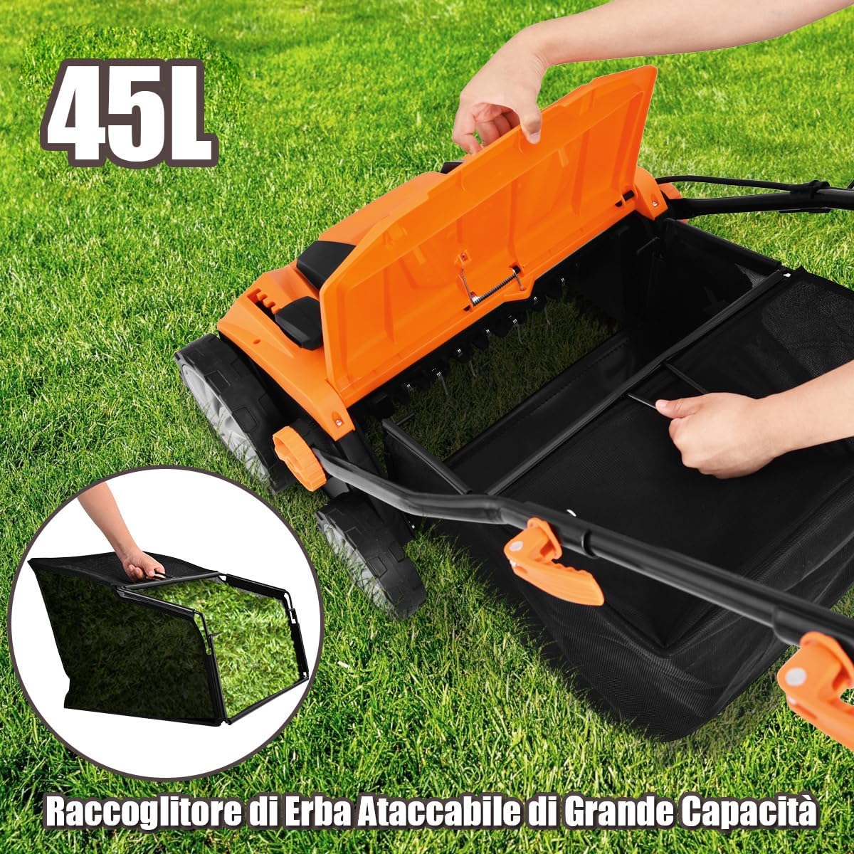 Scarificatore 2 in-1 per Prato, Arieggiatore Elettrico con Sacco Raccoglitore da 45L, Larghezza 38cm, con 3 Posizioni Regolabili, Scarificatore 1800W per Giardino Cortile (38 cm, Arancione)