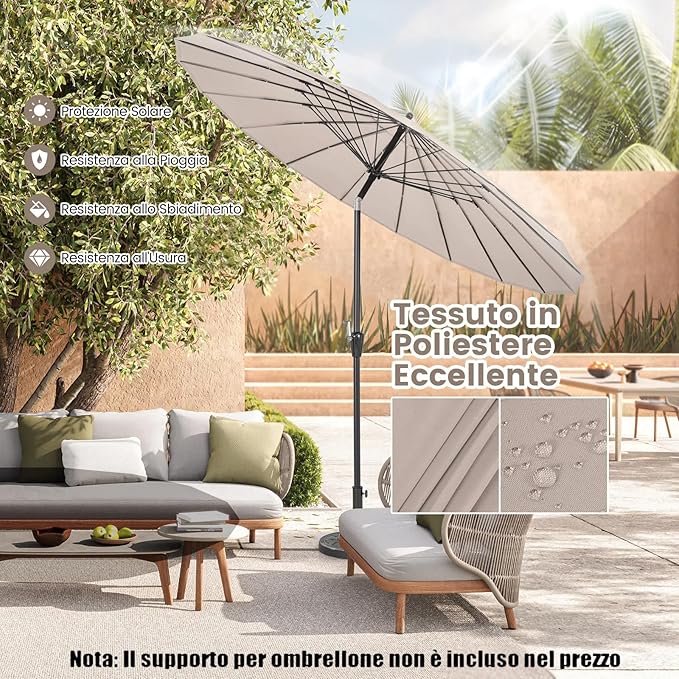 Ombrellone da Giardino Rotondo di 265 cm, Ombrellone da Patio con 18 Costole, Inclinazione a Pulsante, Parasole con Supporto in Metallo, per Cortile, Piscina, Spiaggia(Beige)