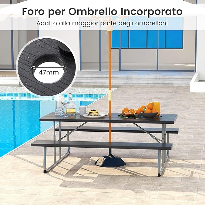 Tavolo da Picnic Pieghevole con 2 Panche, Set di Tavolo da 183 cm con Telaio in Metallo, Piano in HDPE, con Foro per Ombrellone, Tavolo da Pranzo da Giardino, Portata Totale 650 kg (Nero)