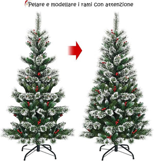 Albero di Natale Innevato 150/180/210/240 cm, Albero di Natale Artificiale con Rami, Bacche Rosse e Base di Metallo, Decorazione Natalizia per Casa, Negozio e Ufficio (150 CM)
