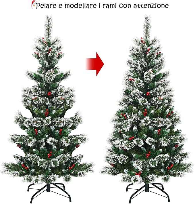 Albero di Natale Innevato 150/180/210/240 cm, Albero di Natale Artificiale con Rami, Bacche Rosse e Base di Metallo, Decorazione Natalizia per Casa, Negozio e Ufficio (150 CM)