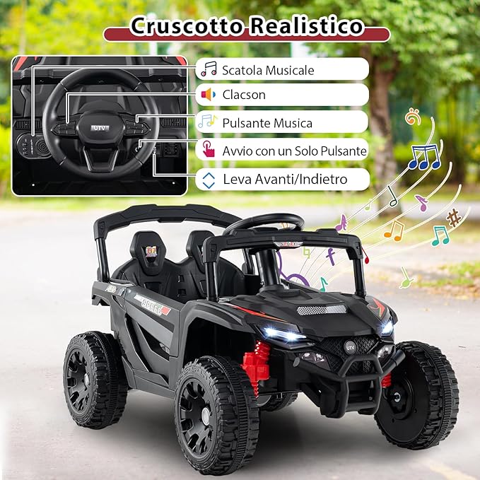 12V Macchina Elettrcia per Bambini, UTV Auto Elettrica con Telecomando, 3 Velocità, Luci LED, Musica, Clacson e Sospensioni a Molla, 3-5 km/h, Ideale per Bambini 3 Anni+ (Nero)