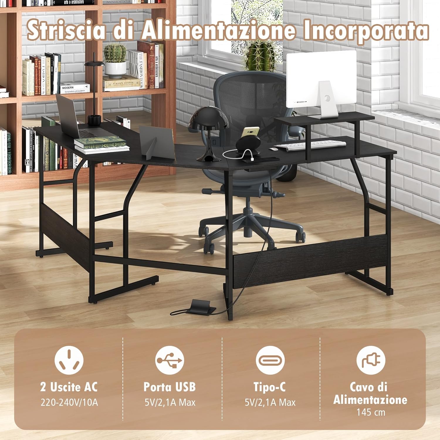 Scrivania ad Angolo a Forma di L con Presa Elettrica, Scrivania Angolare per Computer con Supporto Monitor Movibile, 225cm Postazione da Lavoro per 2 Persone per Lavoro e Gioco (Nero)