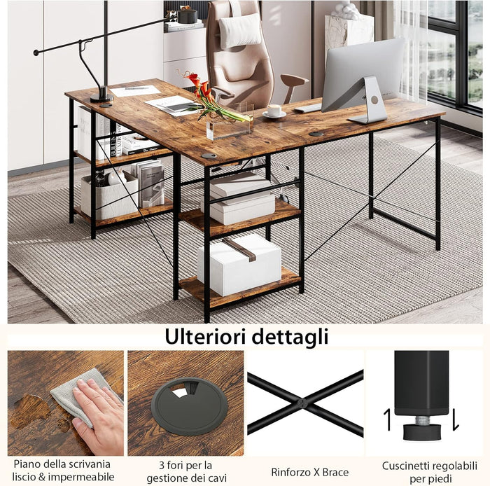 Scrivania Angolare per Computer con Supporto per Monitor, Scrivania Porta PC in Legno, Scrivania Salvaspazio e Moderna per Ufficio e Studio, 242 x 60 x 75 cm (Marrone)