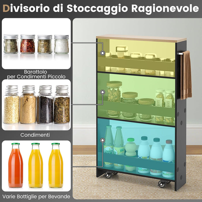Carrello Portaoggetti da Cucina, Scaffale con Maniglia Laterale e Ruote, Carrello Salvaspazio con 3 Scaffali Stretti, 47,5x13x80,5 cm (Naturale+Nero)