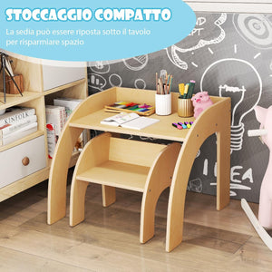 Set Tavolo e Sedie per Bambini 3+ Anni, Tavolino Legno con Sedie per Cameretta con Bordo Curvato e Ampio Piano, Mobile Salvaspazio per Camera da Letto, Soggiorno e Asilo (Naturale)