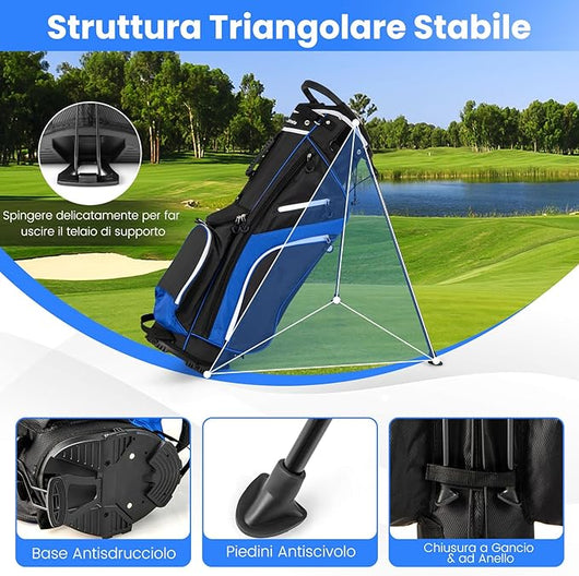 Sacca per Mazze da Golf, Borsa da Golf con Supporto, Divisori a 14 Vie, 6 Tasche, Borsa Frigo, Doppia Tracolla e Cappuccio Antipioggia, Ideale per Uomini e Donne