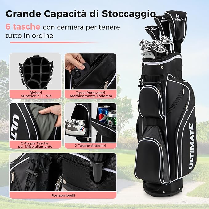 Set Completo di Mazze da Golf da Dona, Include Driver 460CC 1, Fairway 3, Ibrido 4, Ferri 6, 7, 8, 9 e P, Putter, 3 Copri Mazzetta e 1 Borsa per Destrimano