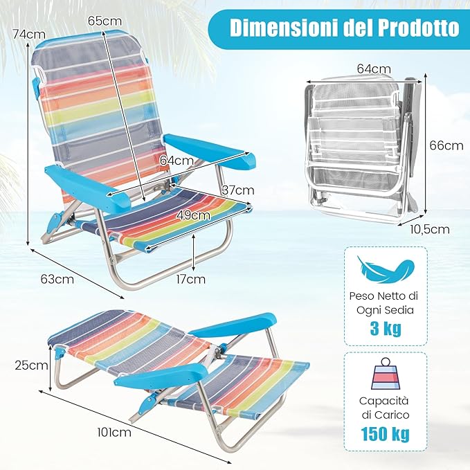 Set di 2 Sedie da Spiaggia, Sedia da Picnic Pieghevole con Braccioli, Schienale Regolabile a 5 Posizioni, Poltrona da in Alluminio Portatile per Pesca, Campeggio (64 cm x 63 cm x 74 cm)