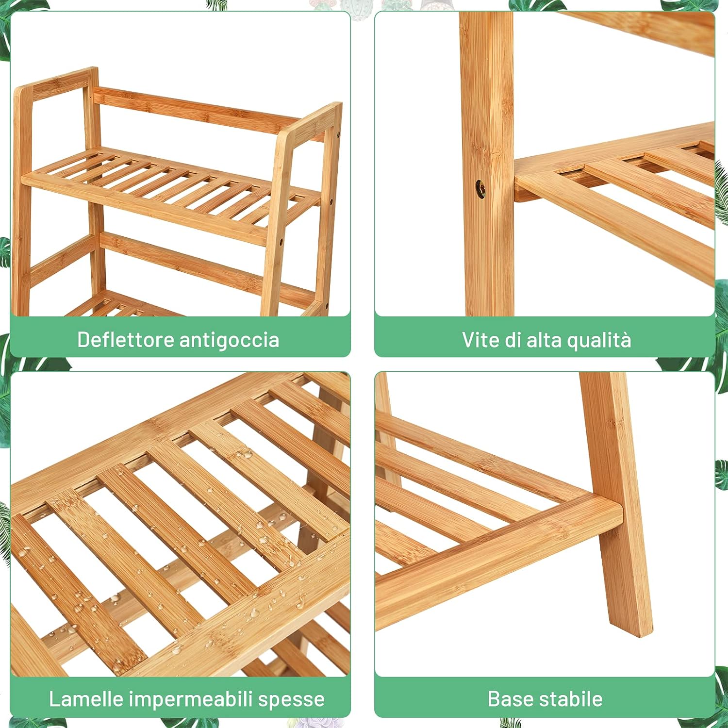 Scaffale per Piante in Bambù a 4 Ripiani, Scaffale Porta Vasi da Interno ed Esterno, Scaffale Portafiori per Balcone, Giardino e Cortile, 48 x 32 x 115 cm (Naturale)