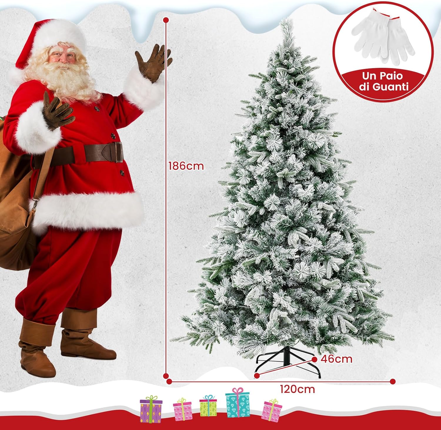 Albero di Natale Innevato136/186 cm, Albero di Natale con 150/250 Luci LED Bianco Caldo, 384/752 Punte di Ramo Miste e Aghi di Pino per Casa e Ufficio (186 cm)