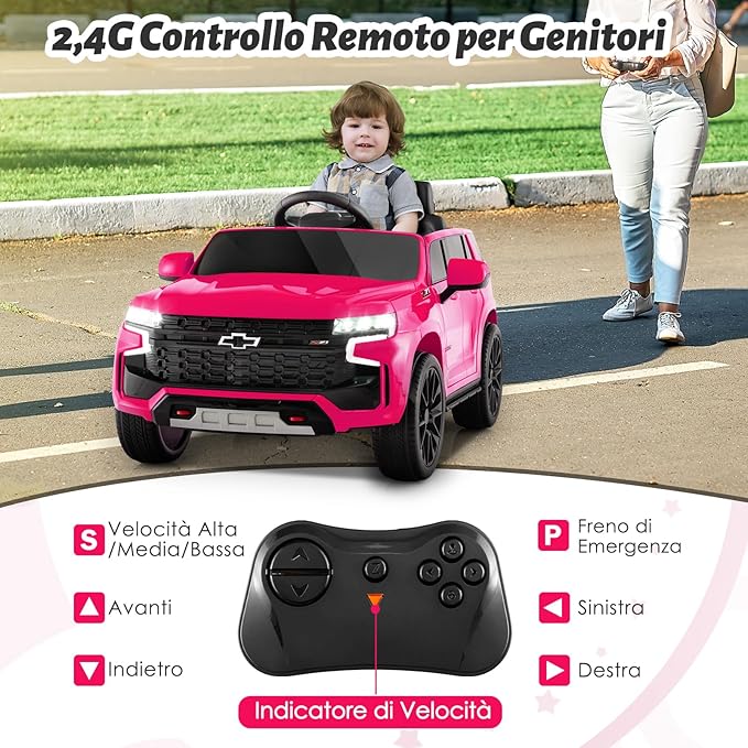 12V Macchina Elettrica per Bambini Chevrolet, SUV Elettrica con Telecomando Luci Luminose e Musica, 3-3,5 km/h, Ideale per Bambini di 3-6 Anni (Rosa)