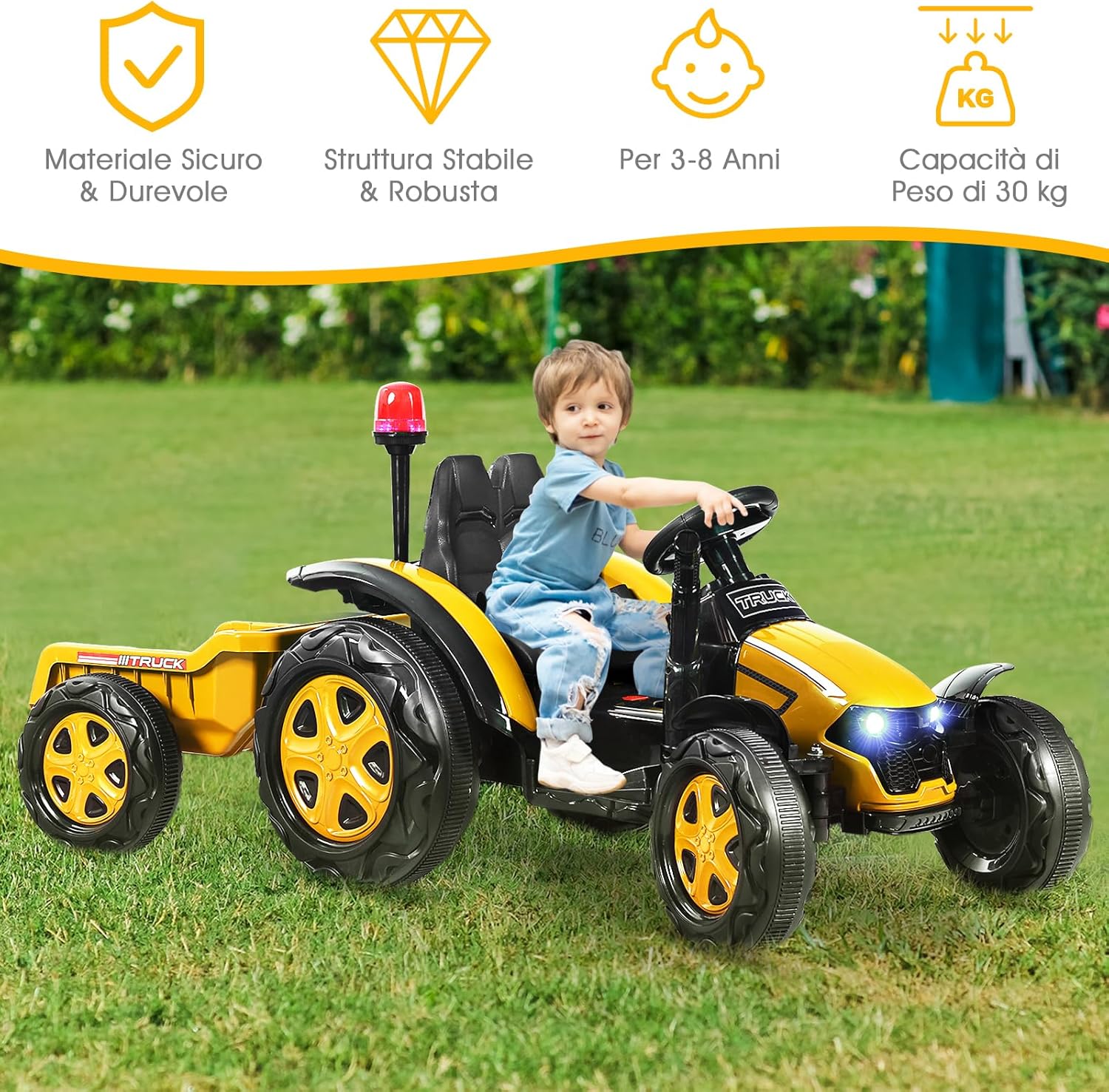 Trattore Elettrico per Bambini con Rimorchio, 2 in 1 Go Kart e Trattore per Bambini 3-8 Anni, con Telecomando e Cintura di Sicurezza a 2 Punti (Giallo)