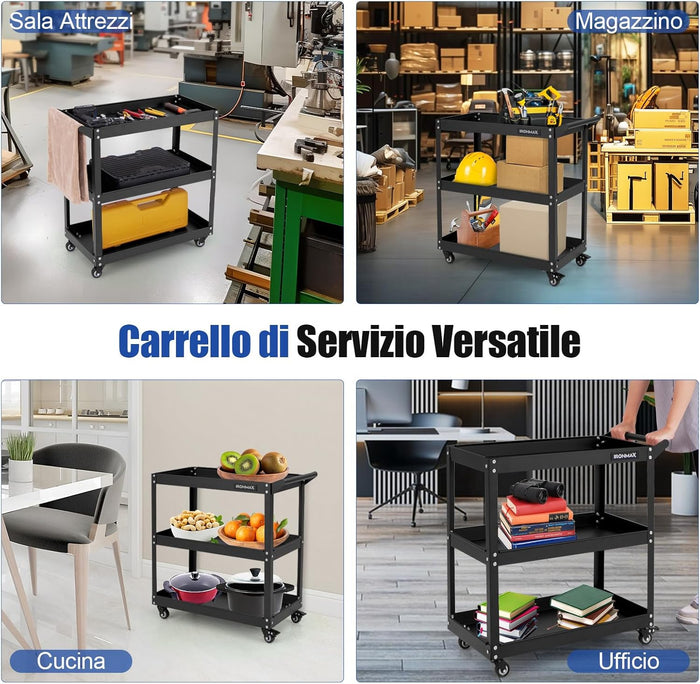 Carrello Portautensili a 3 Livelli, Carrello Metallico Resistente con 3 Ripiani, 4 Ruote Universali con 2 Freni, per Garage, Casa, Magazzino, 73 x 36 x 75 cm (Nero)