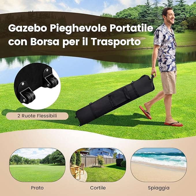 Gazebo Pieghevole da Giardino 4 x 4 m, Altezza Regolabile, Gazebo Pop-up con Zanzariera, Borsa di Trasporto, Doppio Tetto Ventilato e per Giardino Patio e Cortile (Cachi)