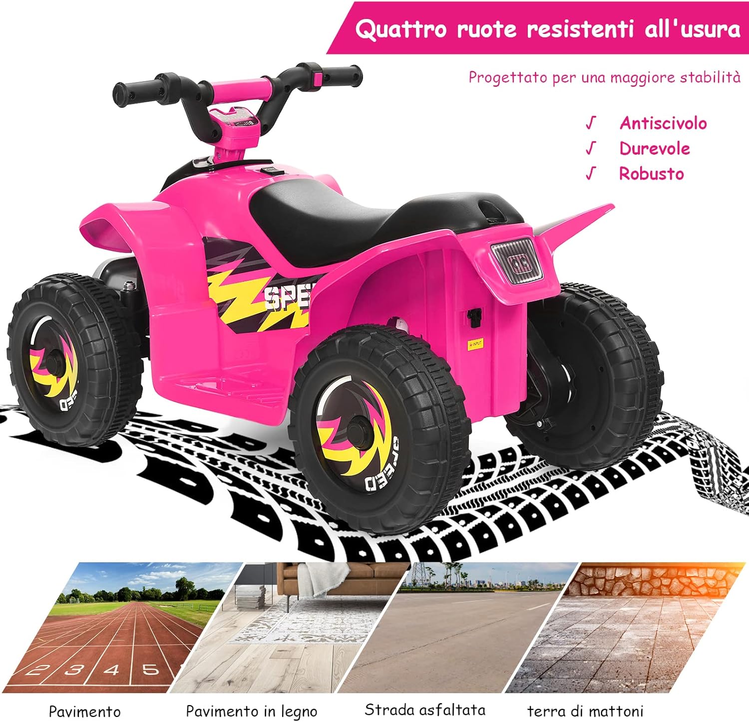 6V Quad Elettrico per Bambini, Mini Quad da Spiaggia con Funzione Avanti/Indietro, Velocità Massima 4,6 km/h, Regalo per Bambini 3 Anni+ (Rosa)