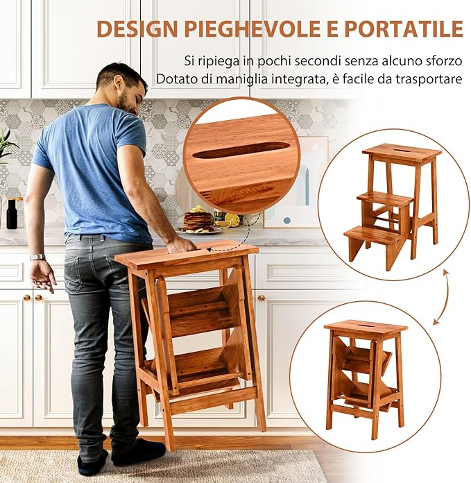 Scaletta Pieghevole, 3 in 1 Scaletta e Sgabello in Legno Multifunzione, 3 Gradini, Maniglia Comoda, Portatile e Leggera, Ideale per Studio, Soggiorno e Garage (Marrone)