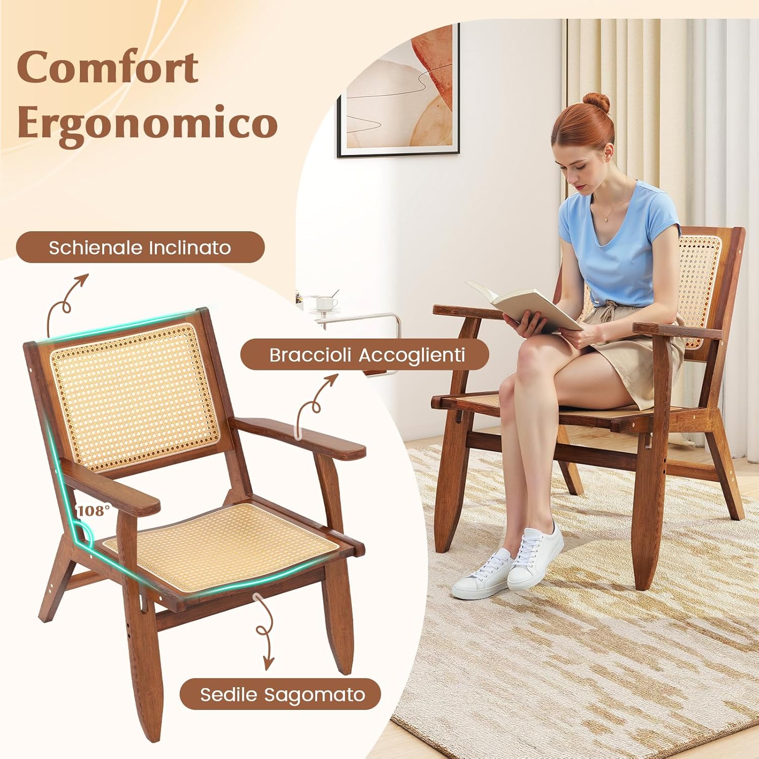 Poltrona Lounge, Poltrona Ergonomica in Rettan e Bambù con Schienale e Braccioli, Portata 150 kg, Sedia Bohemien per Soggiorno, Camera da Letto e Studio